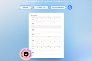 Product mockup for an undated portrait Bill Tracker printable and fillable PDF template. Features a vertical matrix stacked with four separate bill tracking ledgers, each containing fields for due dates and a 12-month grid to track payment dates and amounts. Set against a texturized light blue backdrop with a round pink instant download badge.