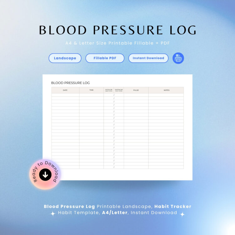 Listing mockup for a landscape Blood Pressure Log printable and fillable PDF chart template. Features an organized health tracking table with dedicated columns to record the date, time, systolic and diastolic blood pressure, pulse rate, and personal notes. Presented over a light blue background with a round pink instant download badge.