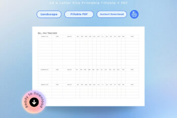 Listing mockup for a landscape Bill Pay Tracker printable and fillable PDF spreadsheet template. Features an organized expense matrix split into dedicated tracking grids for Monthly Bills, Quarterly Bills, and Annually Bills with a January to December checkout grid. Set over a light blue background with a round pink instant download badge.