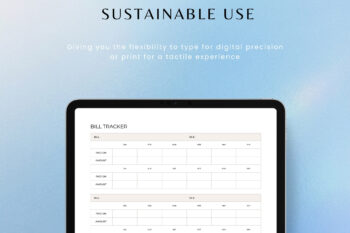 Portrait Bill Tracker template displayed inside an iPad tablet screen mockup. Top text reads "SUSTAINABLE USE" with a marketing subheadline emphasizing the flexibility to type digitally or print it out. Features a structured, minimalist vertical financial ledger grid split into separate custom bill sections with 12-month tracking matrices, set against a calm blue gradient backdrop.
