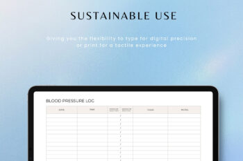 Landscape Blood Pressure Log template displayed on an iPad tablet screen mockup. Top marketing text reads "SUSTAINABLE USE" with a subheadline emphasizing the flexibility to type digitally or print it out. Features a structured, minimalist health tracking spreadsheet layout with rows to record date, time, vitals, pulse, and notes over a calm blue gradient background.