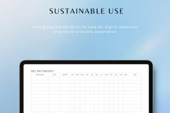 Landscape Bill Pay Tracker template displayed on an iPad tablet screen mockup. Top text reads "SUSTAINABLE USE" with a subheadline emphasizing the flexibility to type digitally or print it out. Features a structured, minimalist black-and-white finance spreadsheet layout with grids split by monthly, quarterly, and annual payment frequencies, set against a calm blue gradient backdrop.