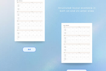 Listing feature mockup for "Version 1" of a portrait Bill Tracker template by Togonotes. The image showcases four vertically stacked financial ledgers, each providing fields for bill descriptions, due dates, and a 12-month grid to track date paid and amount. Presented over a serene blue gradient background with bottom text indicating A4 and Letter size compatibility.