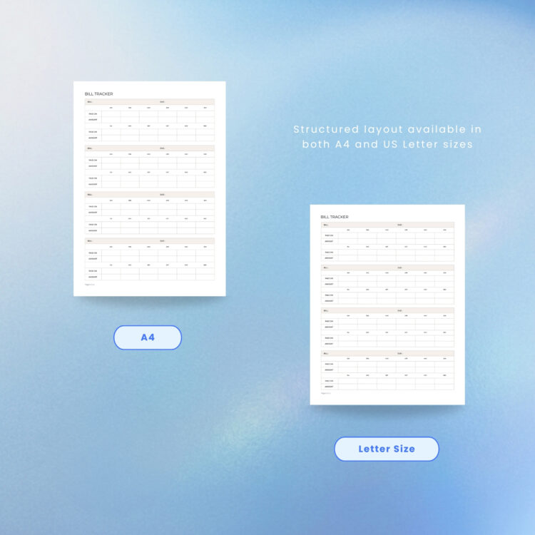 Listing feature mockup for "Version 1" of a portrait Bill Tracker template by Togonotes. The image showcases four vertically stacked financial ledgers, each providing fields for bill descriptions, due dates, and a 12-month grid to track date paid and amount. Presented over a serene blue gradient background with bottom text indicating A4 and Letter size compatibility.
