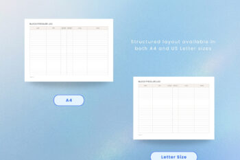 Landscape Blood Pressure Log medical tracker size comparison mockup highlighting A4 size on the left and US Letter size on the right. Features rounded light blue labels for each printable page with center marketing text reading "Structured layout available in both A4 and US Letter sizes." Set in a clean, minimalist layout over a serene blue gradient background.