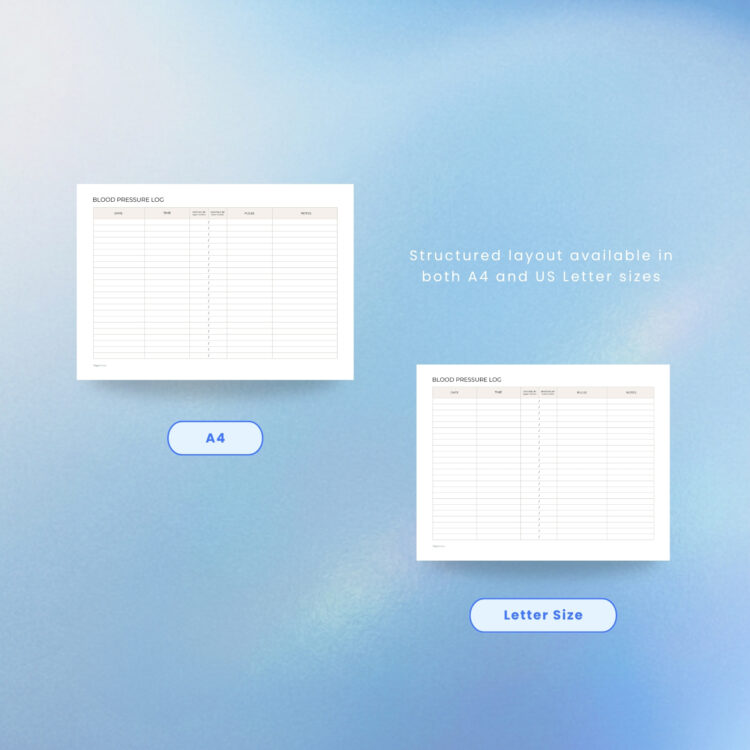 Landscape Blood Pressure Log medical tracker size comparison mockup highlighting A4 size on the left and US Letter size on the right. Features rounded light blue labels for each printable page with center marketing text reading "Structured layout available in both A4 and US Letter sizes." Set in a clean, minimalist layout over a serene blue gradient background.