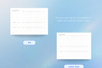 Landscape Bill Pay Tracker budget template size comparison mockup highlighting A4 size on the left and US Letter size on the right. Features rounded light blue labels for each printable layout with center marketing text reading "Structured layout available in both A4 and US Letter sizes." Set in a clean, minimalist layout over a serene blue gradient backdrop.