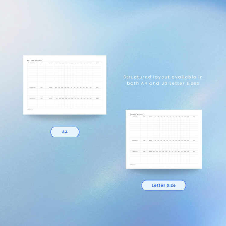 Landscape Bill Pay Tracker budget template size comparison mockup highlighting A4 size on the left and US Letter size on the right. Features rounded light blue labels for each printable layout with center marketing text reading "Structured layout available in both A4 and US Letter sizes." Set in a clean, minimalist layout over a serene blue gradient backdrop.