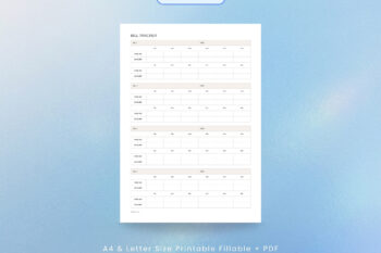 Portrait Bill Tracker finance template size comparison mockup highlighting A4 size on the left and US Letter size on the right. Features rounded light blue labels for each printable option with center marketing text reading "Structured layout available in both A4 and US Letter sizes." Set in a clean, minimalist layout over a serene blue gradient background.