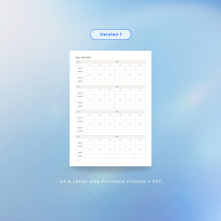 Portrait Bill Tracker finance template size comparison mockup highlighting A4 size on the left and US Letter size on the right. Features rounded light blue labels for each printable option with center marketing text reading "Structured layout available in both A4 and US Letter sizes." Set in a clean, minimalist layout over a serene blue gradient background.