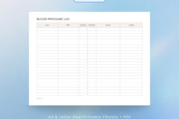Listing feature mockup for "Version 1" of a landscape Blood Pressure Log chart template by Togonotes. The image showcases the clean grid system designed to record dates, times, systolic/diastolic metrics, pulse rate, and notes. Presented over a serene blue gradient background with bottom text indicating A4 and Letter size compatibility.
