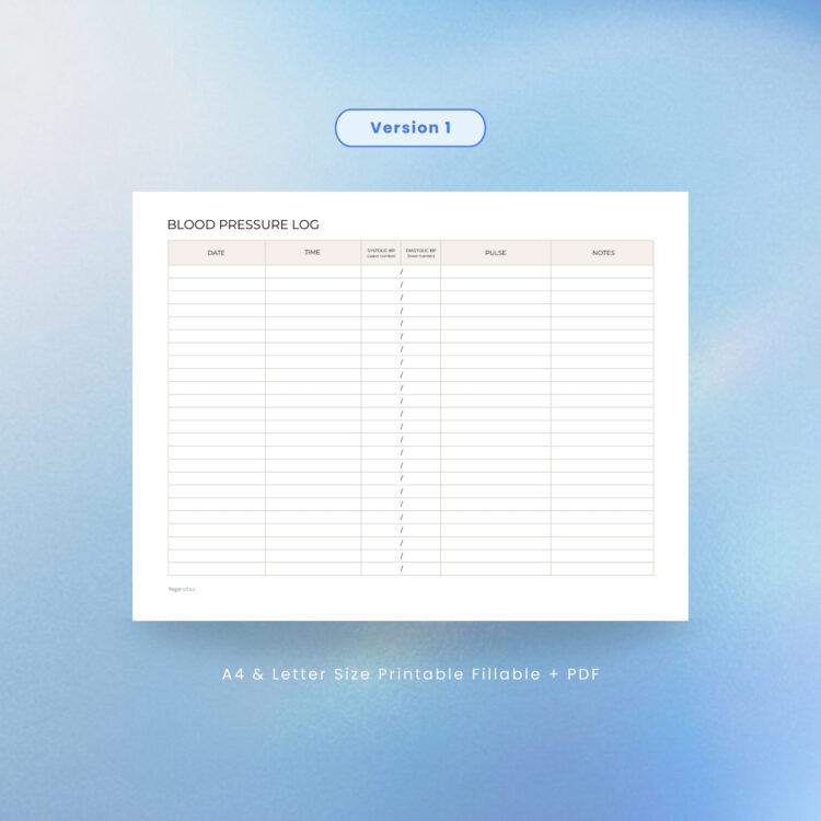 Listing feature mockup for "Version 1" of a landscape Blood Pressure Log chart template by Togonotes. The image showcases the clean grid system designed to record dates, times, systolic/diastolic metrics, pulse rate, and notes. Presented over a serene blue gradient background with bottom text indicating A4 and Letter size compatibility.