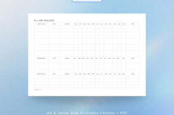 Listing feature mockup for "Version 1" of a landscape Bill Pay Tracker template by Togonotes. The image showcases the expansive grid system divided by payment frequencies (monthly, quarterly, and annual) with a clean January through December tracking layout. Presented over a serene blue gradient background with bottom text indicating A4 and Letter size compatibility.
