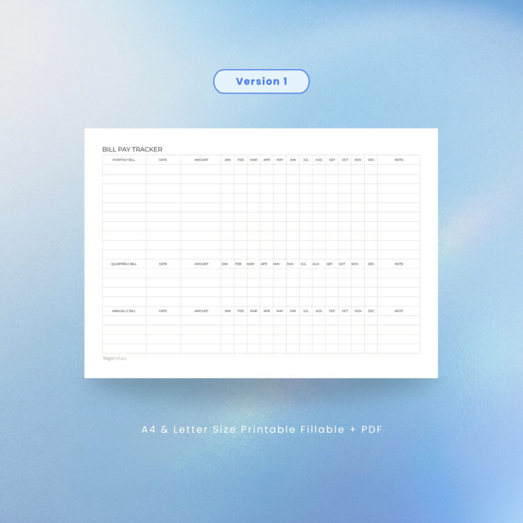 Listing feature mockup for "Version 1" of a landscape Bill Pay Tracker template by Togonotes. The image showcases the expansive grid system divided by payment frequencies (monthly, quarterly, and annual) with a clean January through December tracking layout. Presented over a serene blue gradient background with bottom text indicating A4 and Letter size compatibility.