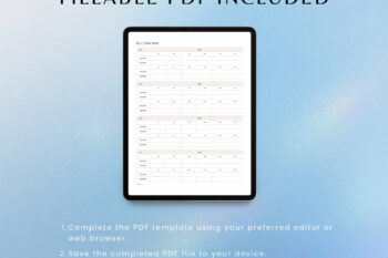 Listing feature mockup for "Version 1" of a portrait Bill Tracker template by Togonotes. The image showcases four vertically stacked financial ledgers, each providing fields for bill descriptions, due dates, and a 12-month grid to track date paid and amount. Presented over a serene blue gradient background with bottom text indicating A4 and Letter size compatibility.