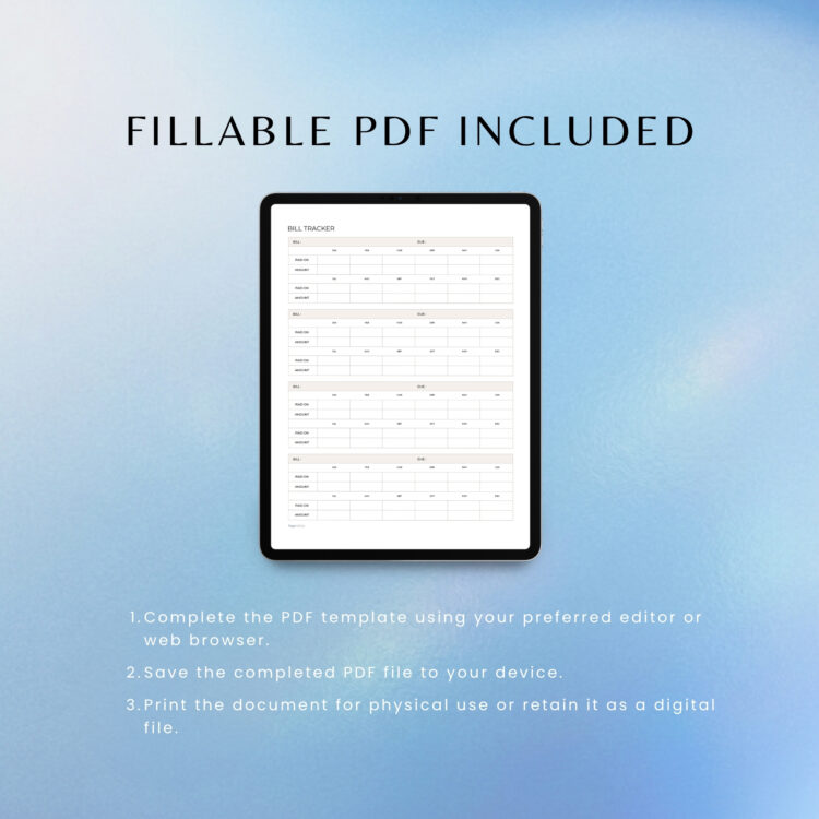 Listing feature mockup for "Version 1" of a portrait Bill Tracker template by Togonotes. The image showcases four vertically stacked financial ledgers, each providing fields for bill descriptions, due dates, and a 12-month grid to track date paid and amount. Presented over a serene blue gradient background with bottom text indicating A4 and Letter size compatibility.