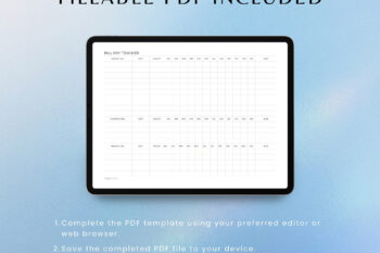 Landscape Bill Pay Tracker fillable PDF template by Togonotes displayed inside a digital tablet screen device mockup. Features a bold headline reading "FILLABLE PDF INCLUDED" and three clear, step-by-step instructions at the bottom for typing, saving, and printing the financial organizer. Set against a serene blue gradient backdrop.