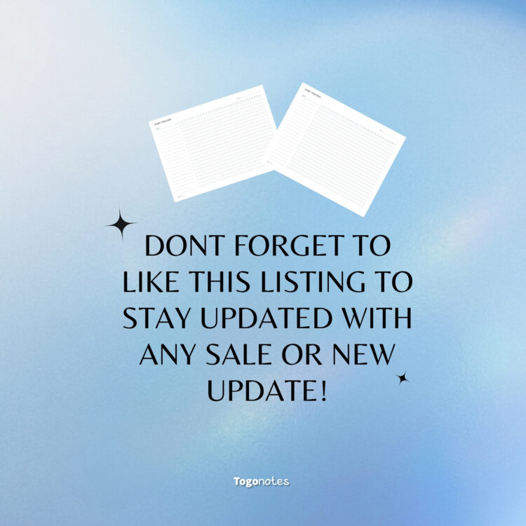 Etsy shop listing promotional graphic over a serene blue gradient backdrop with a "Togonotes" logo at the bottom. Displays bold center typography reminding buyers to favorite or like the listing to track future sales or product updates. Features two angled landscape layout layout preview sheets at the top and delicate minimalist star icons.