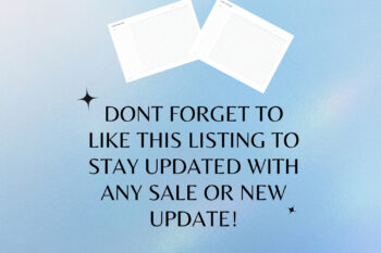 Etsy shop listing promotional graphic over a serene blue gradient backdrop with a "Togonotes" logo at the bottom. Displays bold center typography reminding buyers to favorite or like the listing to track future sales or product updates. Features two angled landscape layout preview sheets at the top and delicate minimalist star icons.